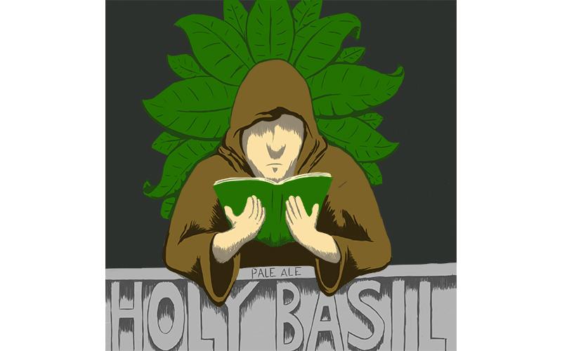 Holy Basil label; a monk reading a book with basil leaves behind him